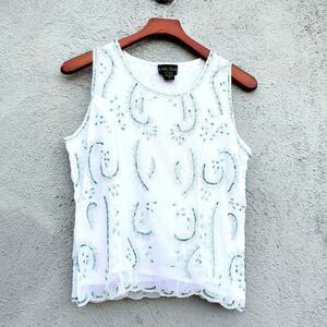 Beaded Sequin White Top S  Sleeveless Blue Turquoise 90s India Sirenscape